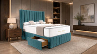 Plush Velvet Teal - Valentina Vertical Luxe Divan Bed – Channelled Statement Headboard & Storage