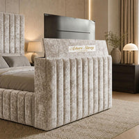Crushed Velvet Champagne - Mayfair Luxury Channelled TV Bed – Premium Upholstered Bed Frame with Integrated TV Footboard