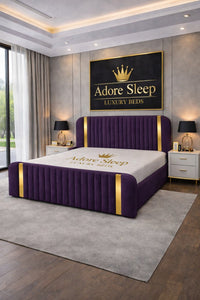 Naples Purple - Spencer Luxury Curved Fluted Bed Frame with Gold Strip – Upholstered