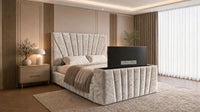 Crushed Velvet Champagne - Solaris Luxury Sunburst TV Bed – Designer Upholstered Bed Frame with Integrated TV Footboard