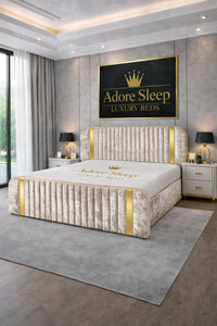 Crushed Velvet Champagne - Spencer Luxury Curved Fluted Bed Frame with Gold Strip – Upholstered