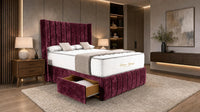 Crushed Velvet Aubergine - Valentina Vertical Luxe Divan Bed – Channelled Statement Headboard & Storage