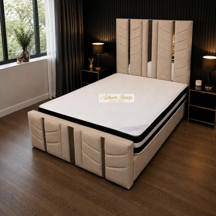Naples Sand - Chevronne Luxury Chevron Panel Bed – Designer Upholstered Bed Frame with Metallic Inlay Detailing