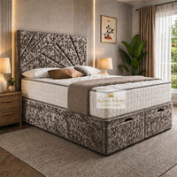 Crushed Velvet Mink - Meridian Abstract Geometry Ottoman Divan Bed | Luxury Hydraulic Storage Bed Frame