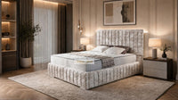Crushed Velvet Champagne - Dorchester Luxury Scalloped Panel Bed – Premium Upholstered Bed Frame with Statement Headboard