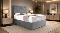 Plush Velvet Grey - Aurelia Geometric Luxe Divan Bed with Statement Panelled Headboard & Storage