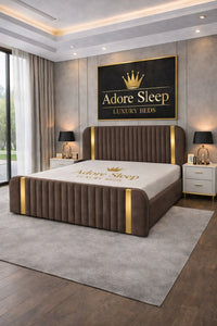 Naples Mink - Spencer Luxury Curved Fluted Bed Frame with Gold Strip – Upholstered