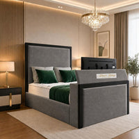 Naples Slate Grey - Claridge Luxury Framed TV Bed – Premium Upholstered Bed Frame with Integrated TV Footboard