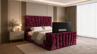 Crushed Velvet Aubergine - Solaris Luxury Sunburst TV Bed – Designer Upholstered Bed Frame with Integrated TV Footboard