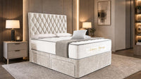 Crushed Velvet Cream - Regency Diamond Luxury Divan Bed – Deep Button-Tufted Headboard with Premium Upholstered Frame & Storage