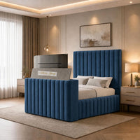 Naples Blue - Mayfair Luxury Channelled TV Bed – Premium Upholstered Bed Frame with Integrated TV Footboard