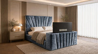 Crushed Velvet Denim Blue - Solaris Luxury Sunburst TV Bed – Designer Upholstered Bed Frame with Integrated TV Footboard