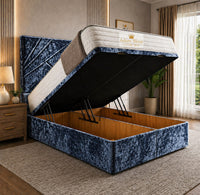 Crushed Velvet Denim Blue - Meridian Abstract Geometry Ottoman Divan Bed | Luxury Hydraulic Storage Bed Frame