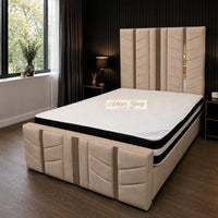 Naples Sand - Chevronne Luxury Chevron Panel Bed – Designer Upholstered Bed Frame with Metallic Inlay Detailing