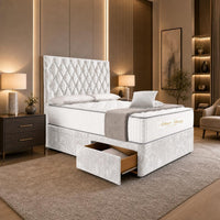 Crushed Velvet White - Regency Diamond Luxury Divan Bed – Deep Button-Tufted Headboard with Premium Upholstered Frame & Storage