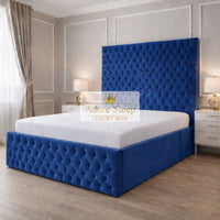 Plush Velvet Sapphire - Sovereign Élan Luxury Upholstered Bed – Deep Button-Tufted Headboard & Padded Statement Frame