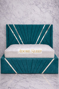Plush Velvet Teal - Bat Radiance Luxury Panel Bed Frame with Silver Strip – Upholstered