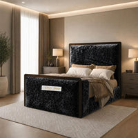 Crushed Velvet Black - Claridge Luxury Framed TV Bed – Premium Upholstered Bed Frame with Integrated TV Footboard