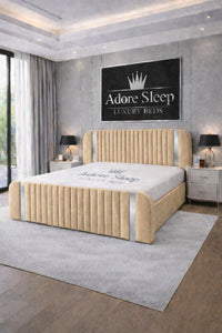Naples Beige - Spencer Luxury Curved Fluted Bed Frame with Gold Strip – Upholstered