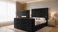 Crushed Velvet Black - Montreux Luxury Fluted TV Bed – Premium Upholstered Bed Frame with Integrated TV Footboard
