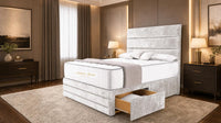 Crushed Velvet White - Monaco Luxe Luxury Divan Bed – Premium Upholstered Panelled Headboard with Storage
