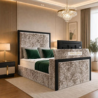 Crushed Velvet Mink - Claridge Luxury Framed TV Bed – Premium Upholstered Bed Frame with Integrated TV Footboard