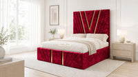 Crushed Velvet Red - Monaco V-Line Luxury Geometric Ottoman Storage Bed