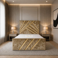 Crushed Velvet Gold - Monaco Luxury Geometric Bed – Designer Upholstered Bed Frame with Metallic Inlay Detailing