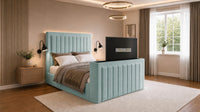 Plush Velvet Duck Egg - Carlton Luxury Panelled TV Bed – Premium Upholstered Bed Frame with Integrated TV Footboard