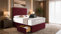 Plush Velvet Maroon - Aurelia Geometric Luxe Divan Bed with Statement Panelled Headboard & Storage