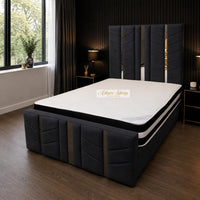 Naples Black - Chevronne Luxury Chevron Panel Bed – Designer Upholstered Bed Frame with Metallic Inlay Detailing