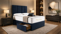 Plush Velvet Sapphire - Kensington Grande Luxury Divan Bed – Premium Upholstered Bed Frame with Tall Vertical Panel Headboard
