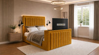 Plush Velvet Mustard Gold - Carlton Luxury Panelled TV Bed – Premium Upholstered Bed Frame with Integrated TV Footboard