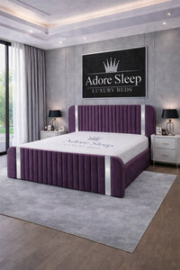Naples Purple - Spencer Luxury Curved Fluted Bed Frame with Gold Strip – Upholstered