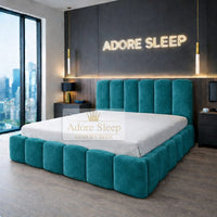 Plush Velvet Teal - Savoy Aurelia Luxury Upholstered Bed Frame – Sculpted Panel Statement Bed