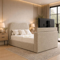 Naples Beige - Serene Luxury Curved TV Bed – Designer Upholstered Bed Frame with Integrated TV Footboard