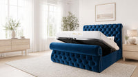Plush Velvet Sapphire - Windsor Chesterfield Luxury Scroll Bed Frame