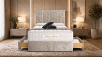 Crushed Velvet Champagne - Kensington Grande Luxury Divan Bed – Premium Upholstered Bed Frame with Tall Vertical Panel Headboard
