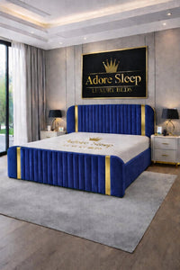 Plush Velvet Sapphire - Spencer Luxury Curved Fluted Bed Frame with Gold Strip – Upholstered