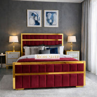 Plush Velvet Maroon - Aurelius Linear Upholstered Designer Bed | Luxury Gold Frame Statement Bed
