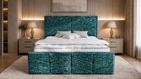 Crushed Velvet Teal - Valentina Luxury Chevron Panel Bed – Designer Upholstered Bed Frame with Statement Headboard & Footboard