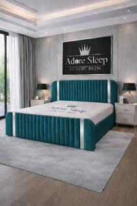 Plush Velvet Teal - Spencer Luxury Curved Fluted Bed Frame with Gold Strip – Upholstered