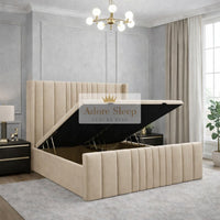 Naples Sand - Valmont Luxe Ottoman Divan Bed Frame – Luxury Upholstered Storage Bed with Statement Panelled Headboard