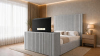 Plush Velvet Silver - Montreux Luxury Fluted TV Bed – Premium Upholstered Bed Frame with Integrated TV Footboard
