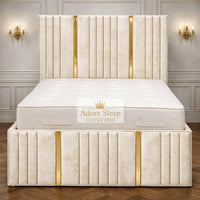 Crushed Velvet Cream - Celestine Luxe Vertical Panelled Gold Strip Upholstered Bed Frame | Luxury Statement Bed