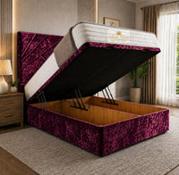 Crushed Velvet Aubergine - Meridian Abstract Geometry Ottoman Divan Bed | Luxury Hydraulic Storage Bed Frame