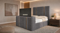 Naples Slate Grey - Kensington Luxury Fluted TV Bed with Metallic Accents – Premium Upholstered TV Bed Frame