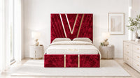 Crushed Velvet Red - Monaco V-Line Luxury Geometric Ottoman Storage Bed