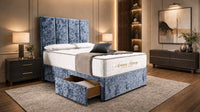 Crushed Velvet Denim Blue - Kensington Grande Luxury Divan Bed – Premium Upholstered Bed Frame with Tall Vertical Panel Headboard