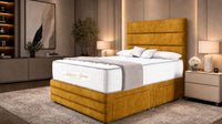 Plush Velvet Mustard Gold - Monaco Luxe Luxury Divan Bed – Premium Upholstered Panelled Headboard with Storage